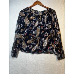 Lucky Brand Women's Top Size Small Navy Blue‎ Paisley Print Keyhole Neck Tie